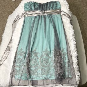 Gray and mint green with sequin embellished strapless dress. Size M